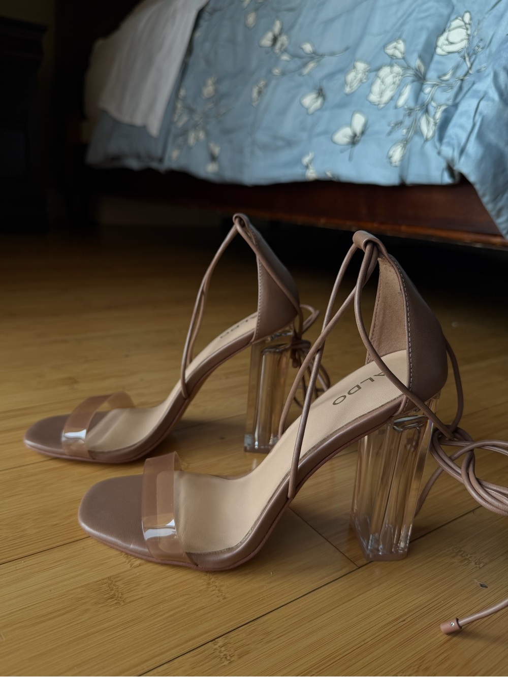 ALDO Blush Tan Lace-Up Clear Block Heel Sandals